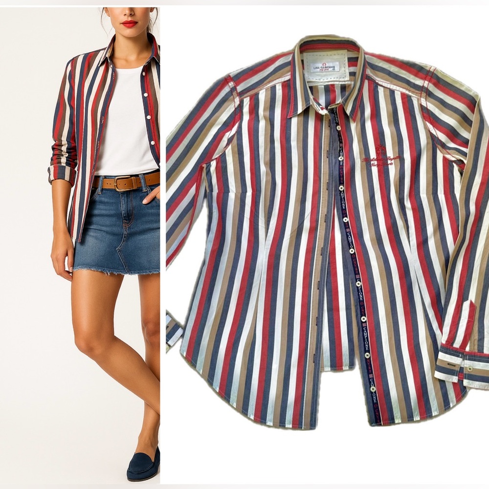 Lisa Campione Striped Button Down Shirt Nautical Embroidery Top Blouse NWOT